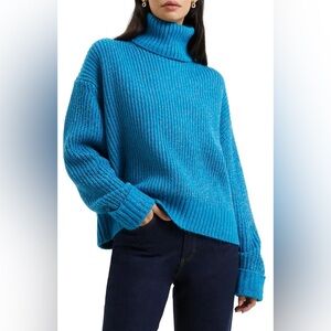French Connection Bright Teal Blue Ribbed Turtleneck Sweater